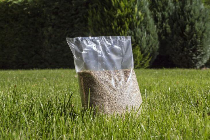 Plastic bag with grass seed that is going to be used for reseeding the lawn.