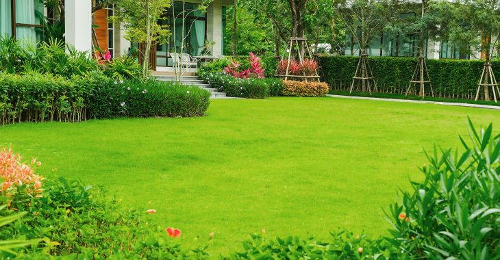 A residential house with lush lawn in the backyard.