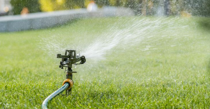 A sprinkler watering front yard lawn.