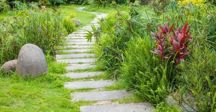 A back yard with a path made with stone slabs and decorative rocks composed in the landscape.