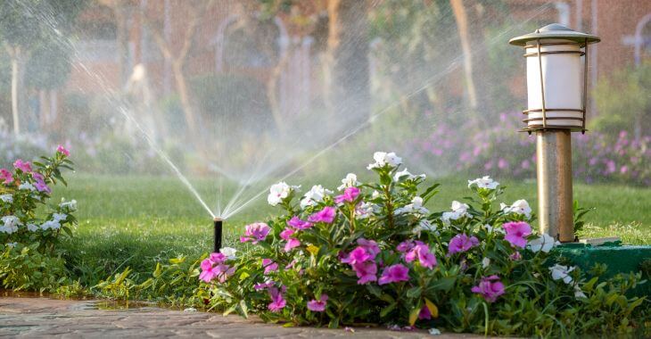 Working sprinkler watering a lawn and flower beds.