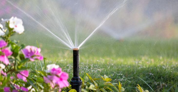 Sprinklers watering lawn.