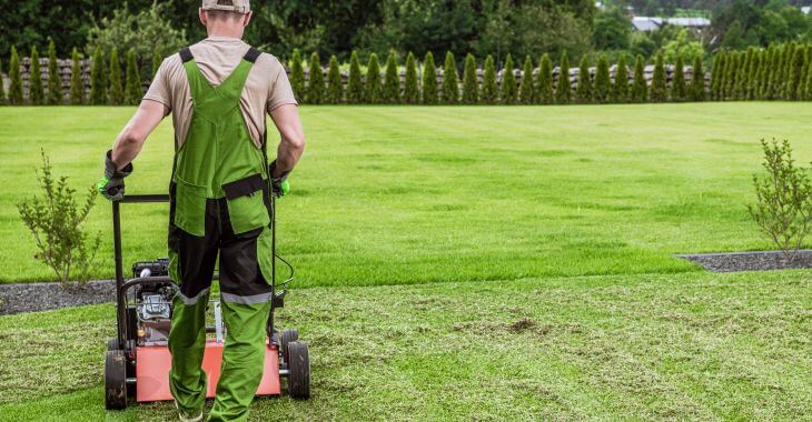 A man performing lawn aeration.