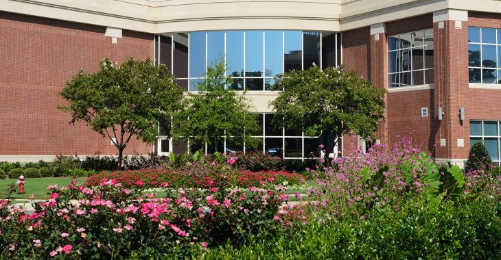 Well-maintained lawn andflower beds at the entrance of an office building.