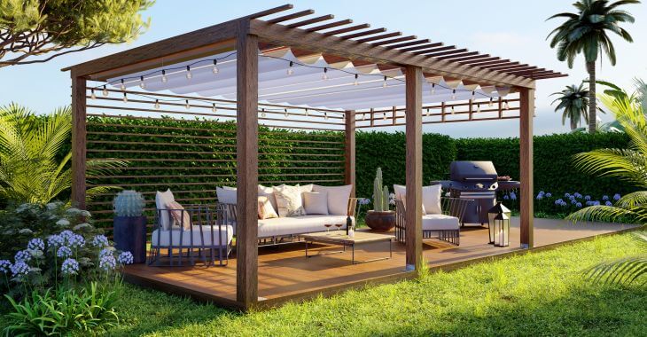 Modern pergola with outdoor furniture and grill.