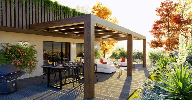 Home with a pergola over a deck.