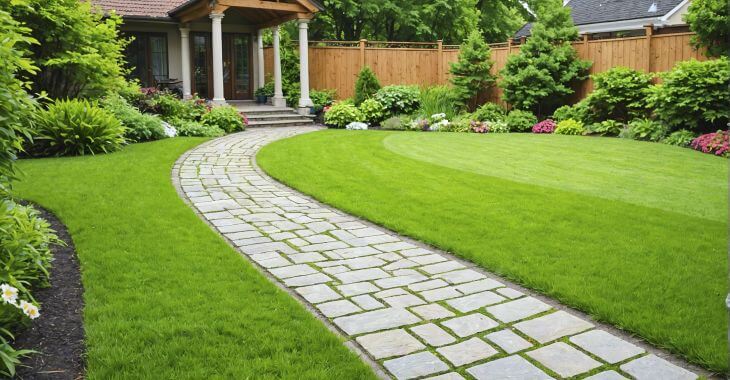 A manicured lawn in the backyard