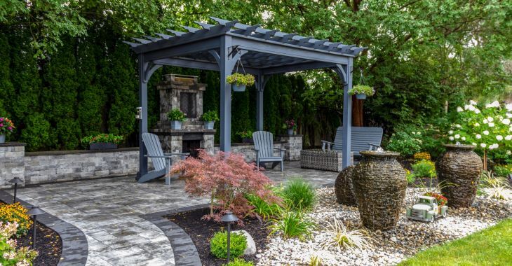 A backyard patio with an outdoor fireplace