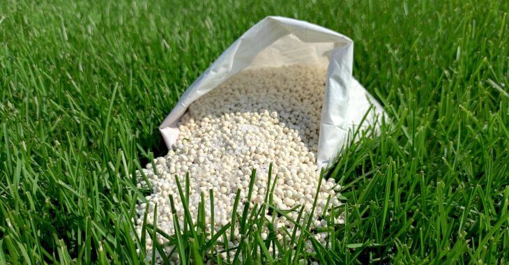 a bag with lawn fertilizer on a lush grass