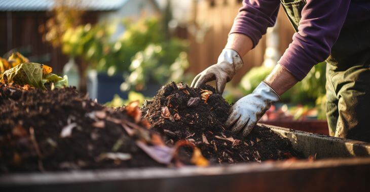 A gardener checking the compost box 