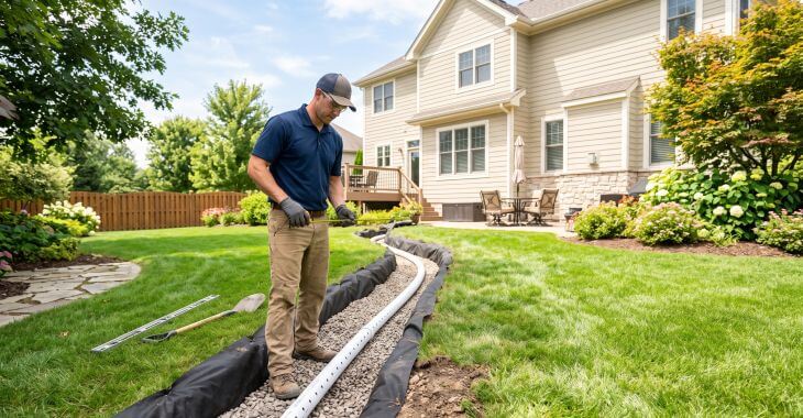 Landscaper installing perforated drain pipe in a gravel-lined trench for residential water management